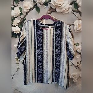 Notations Navy and Cream Floral Striped Blouse